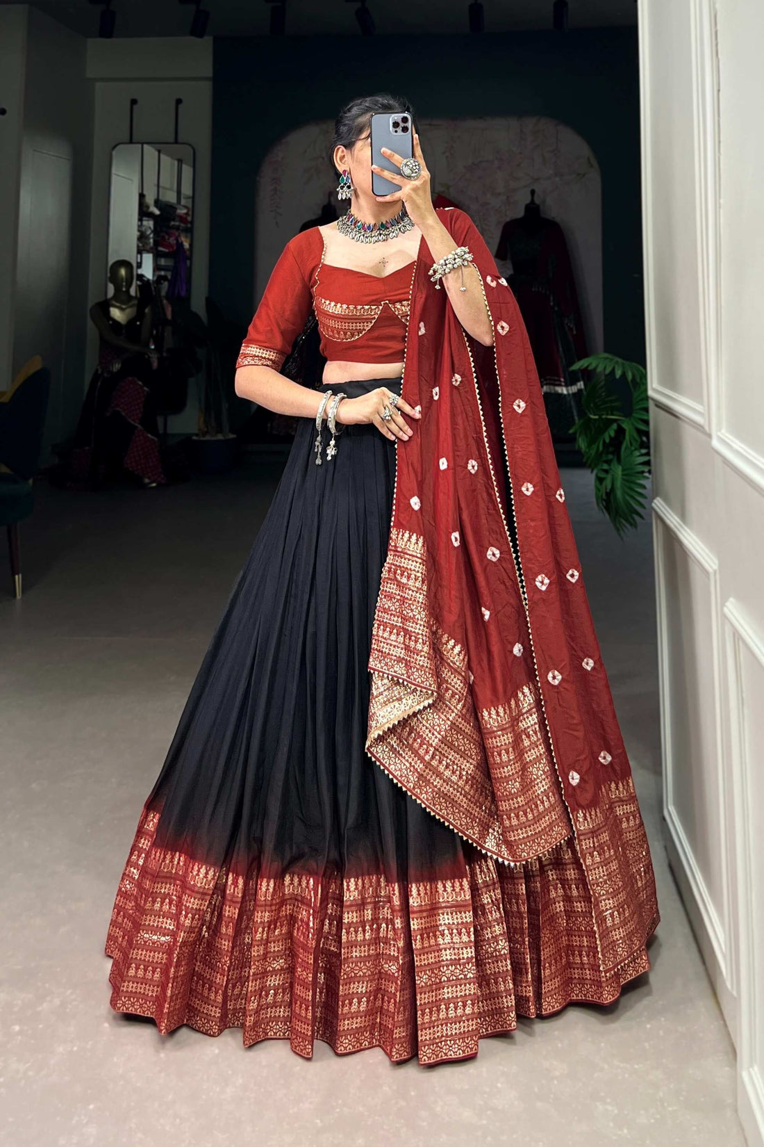 FABVILLA BLACK PURE CHAMDERI LEHENGA SET WITH ZARI WEAVING WORK BORDER AND BANDHEJ PRINT DUPATTA