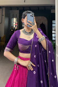 LOVELY PINK CHANDERI LEHENGA WITH ZARI WEAVING WORK AND BANDHEJ PRINT DUPATTA