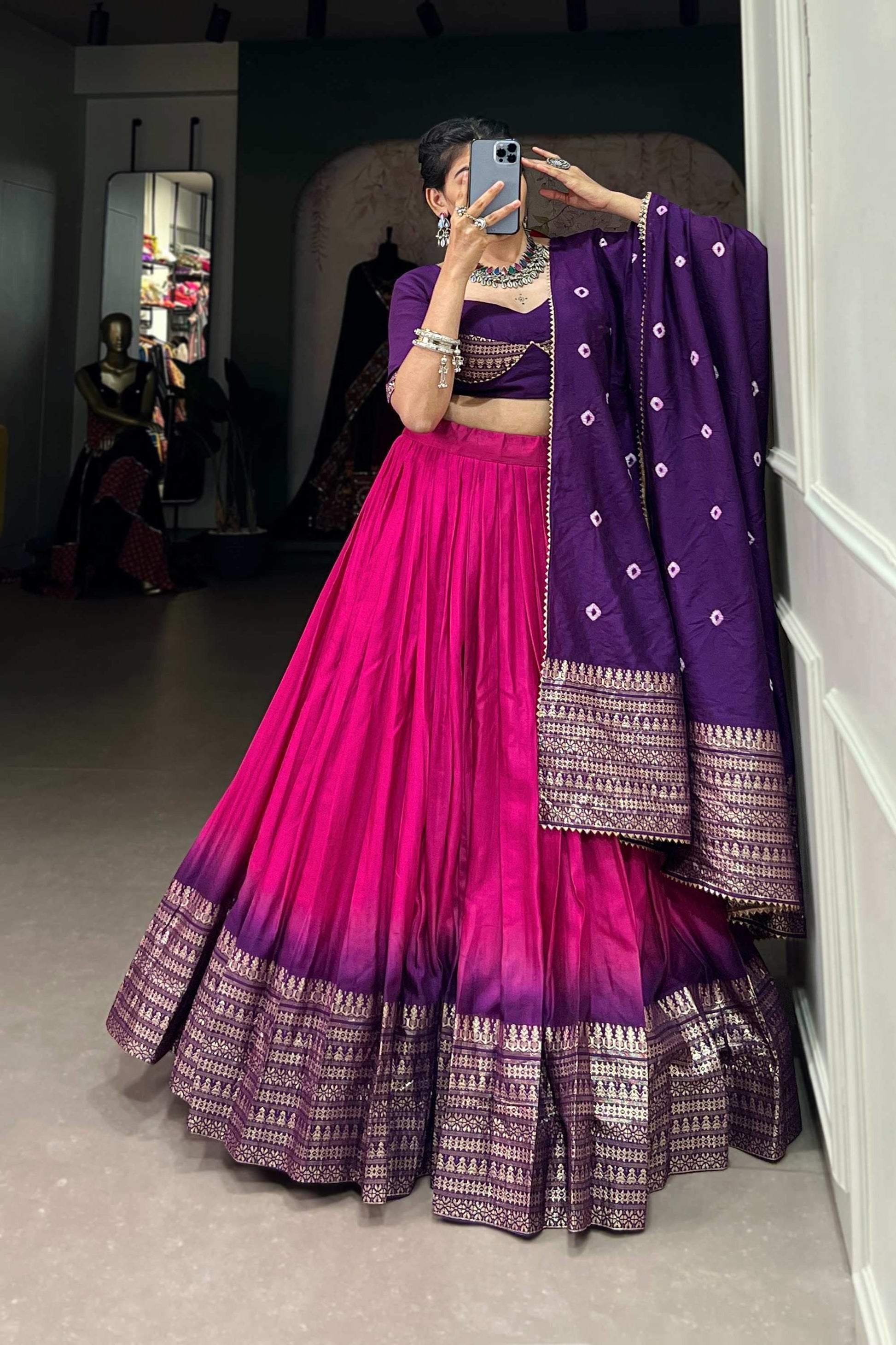 LOVELY PINK CHANDERI LEHENGA WITH ZARI WEAVING WORK AND BANDHEJ PRINT DUPATTA