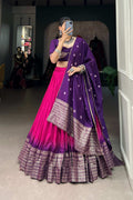 LOVELY PINK CHANDERI LEHENGA WITH ZARI WEAVING WORK AND BANDHEJ PRINT DUPATTA