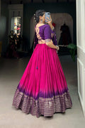 LOVELY PINK CHANDERI LEHENGA WITH ZARI WEAVING WORK AND BANDHEJ PRINT DUPATTA