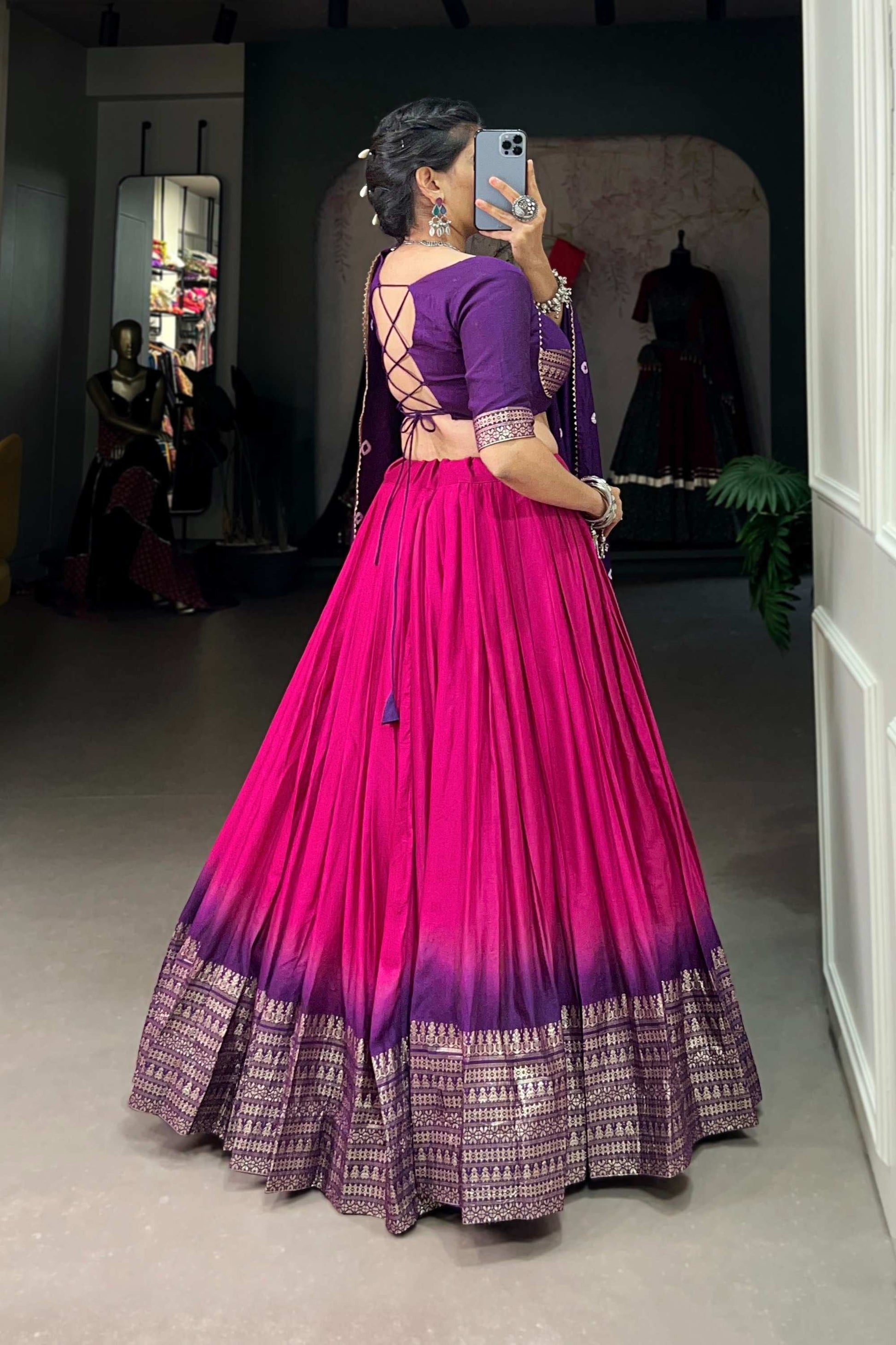 LOVELY PINK CHANDERI LEHENGA WITH ZARI WEAVING WORK AND BANDHEJ PRINT DUPATTA