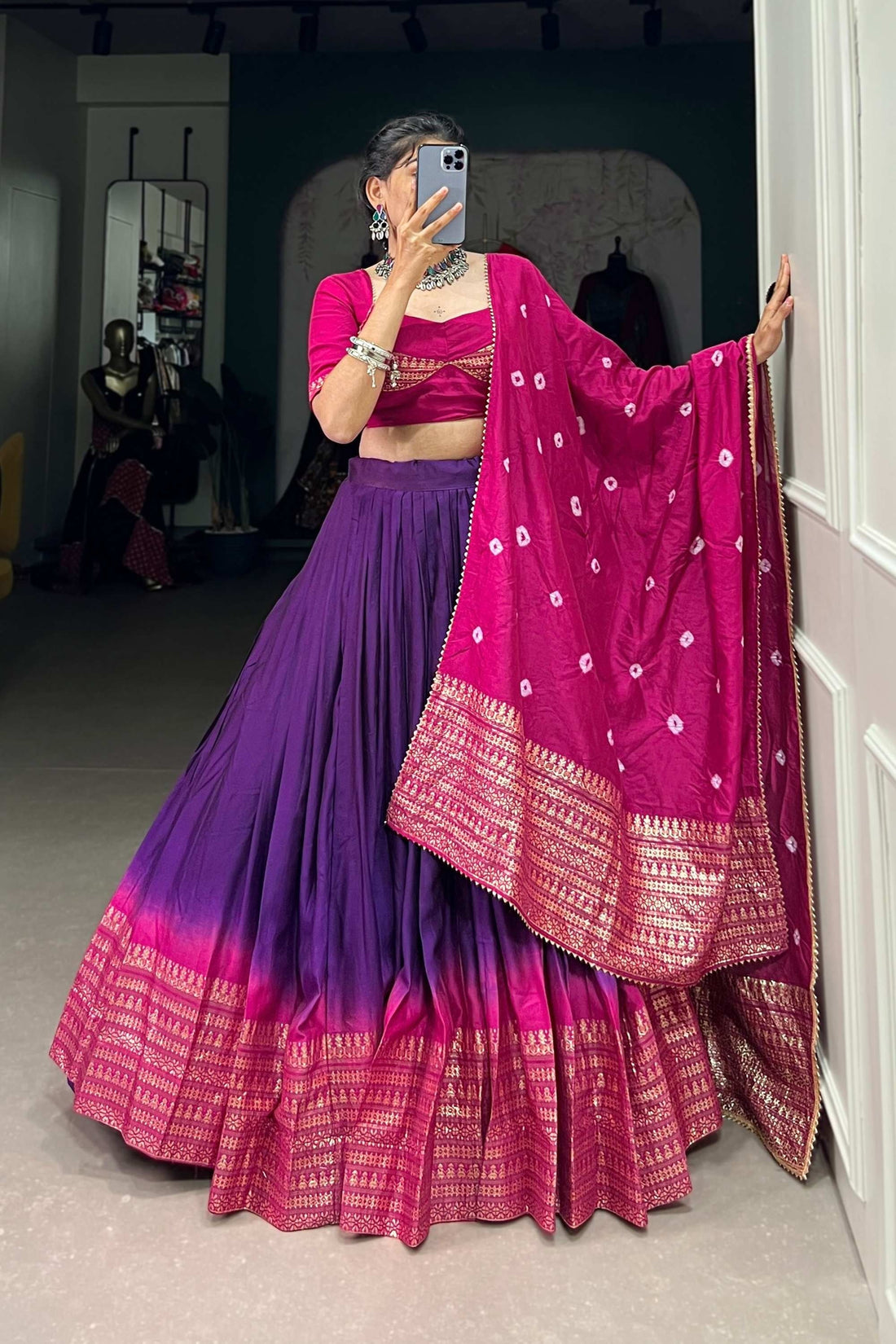 PURPLE COLOR PURE CHANDERI LEHENGA SET WITH ZARI WEAVING AND BANDHEJ PRINT DUPATTA