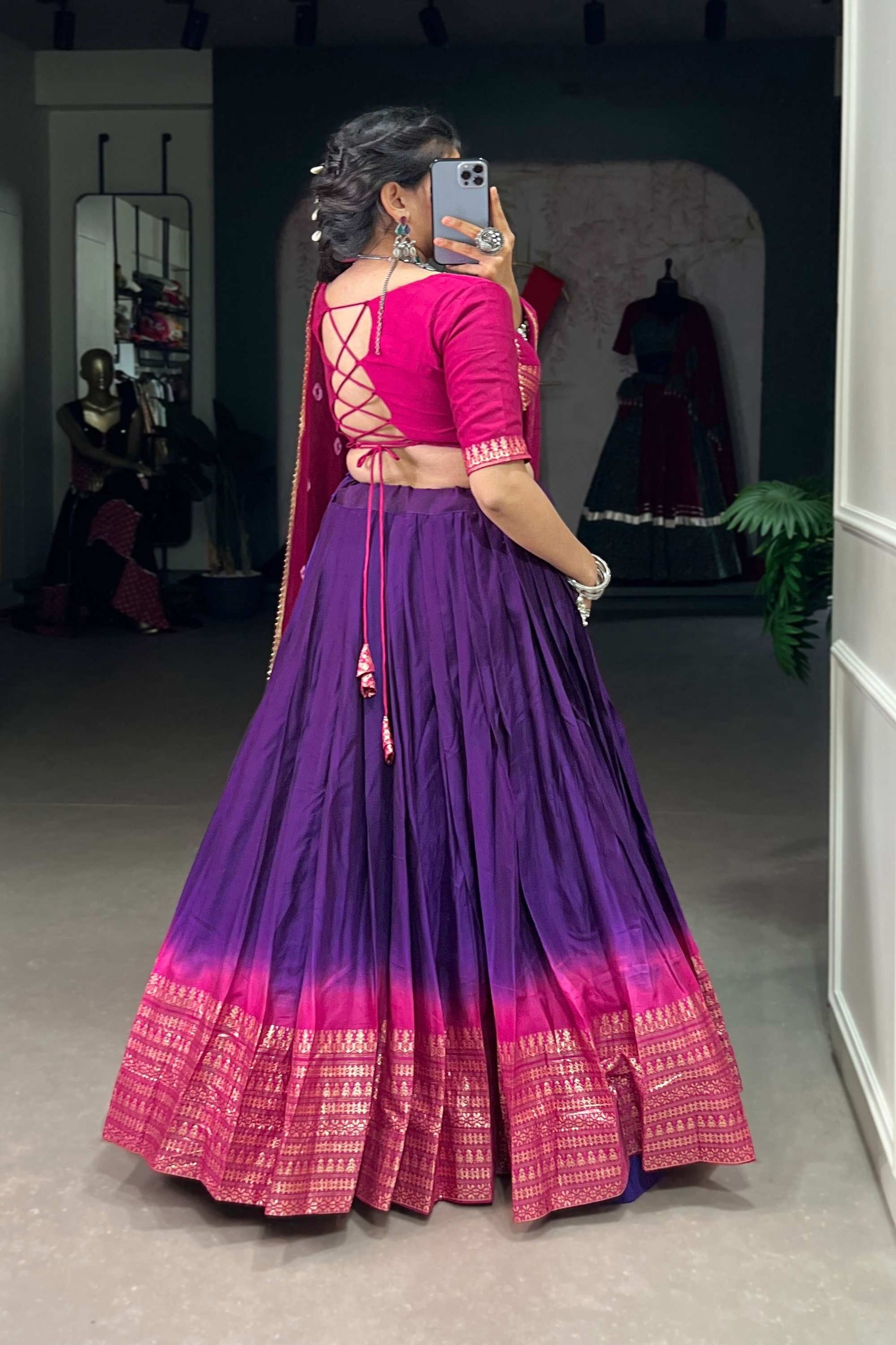 PURPLE COLOR PURE CHANDERI LEHENGA SET WITH ZARI WEAVING AND BANDHEJ PRINT DUPATTA