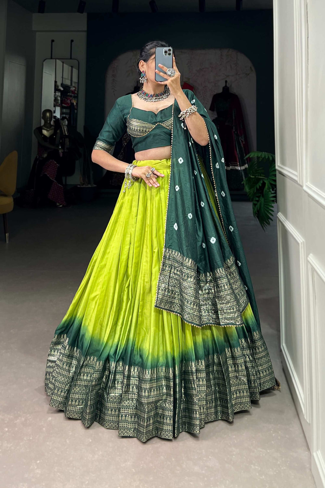PARROT GREEN PURE CHANDERI LEHENGA SET - EXQUISITE ZARI WEAVING WORK WITH BANDHEJ PRINT DUPATTA