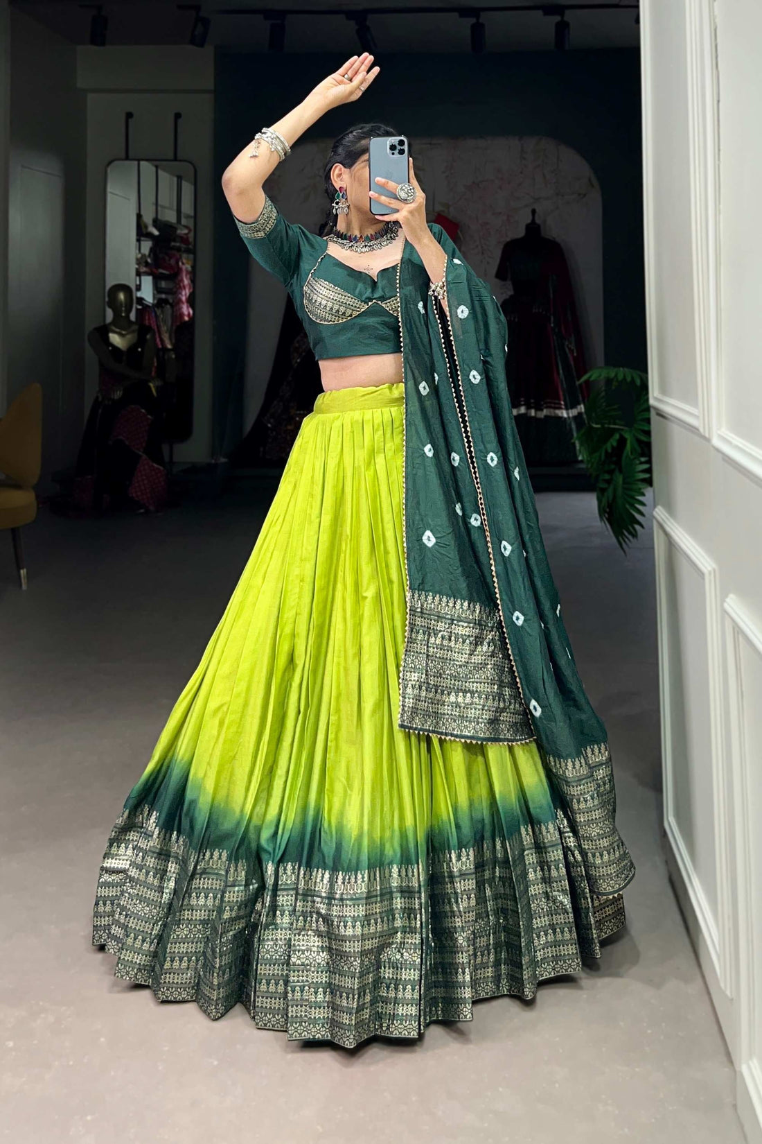 PARROT GREEN PURE CHANDERI LEHENGA SET - EXQUISITE ZARI WEAVING WORK WITH BANDHEJ PRINT DUPATTA
