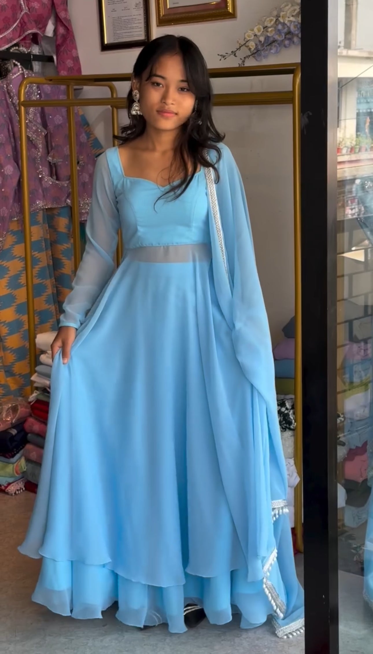 SKYBLUE COLOR BACKLESS ANARKALI PLAZZO SUIT SET OF 3