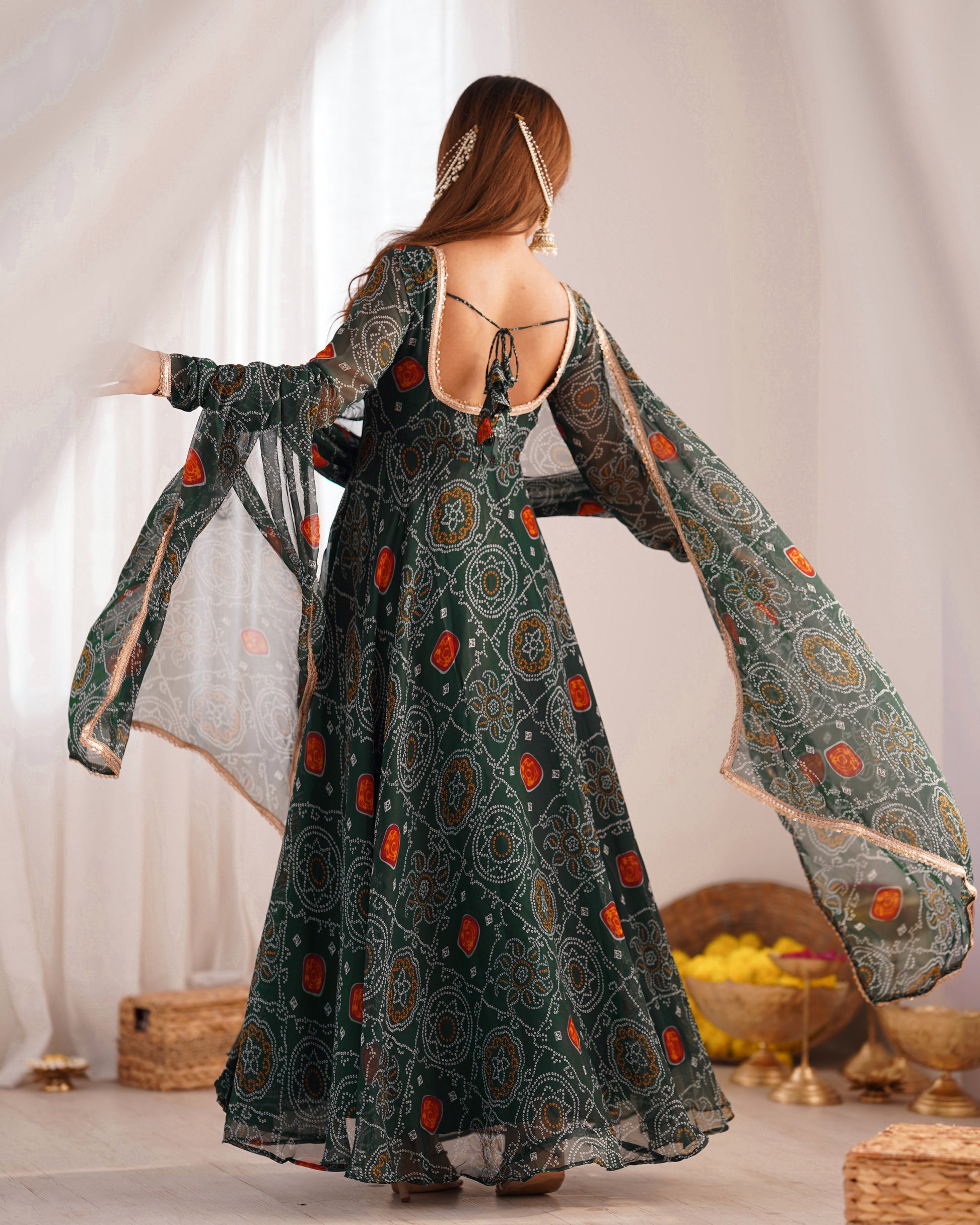 FLORAL GREEN COLOR BANDHANI PRINT SOFT CHIFFON THREE PIECE ANARKALI GOWN