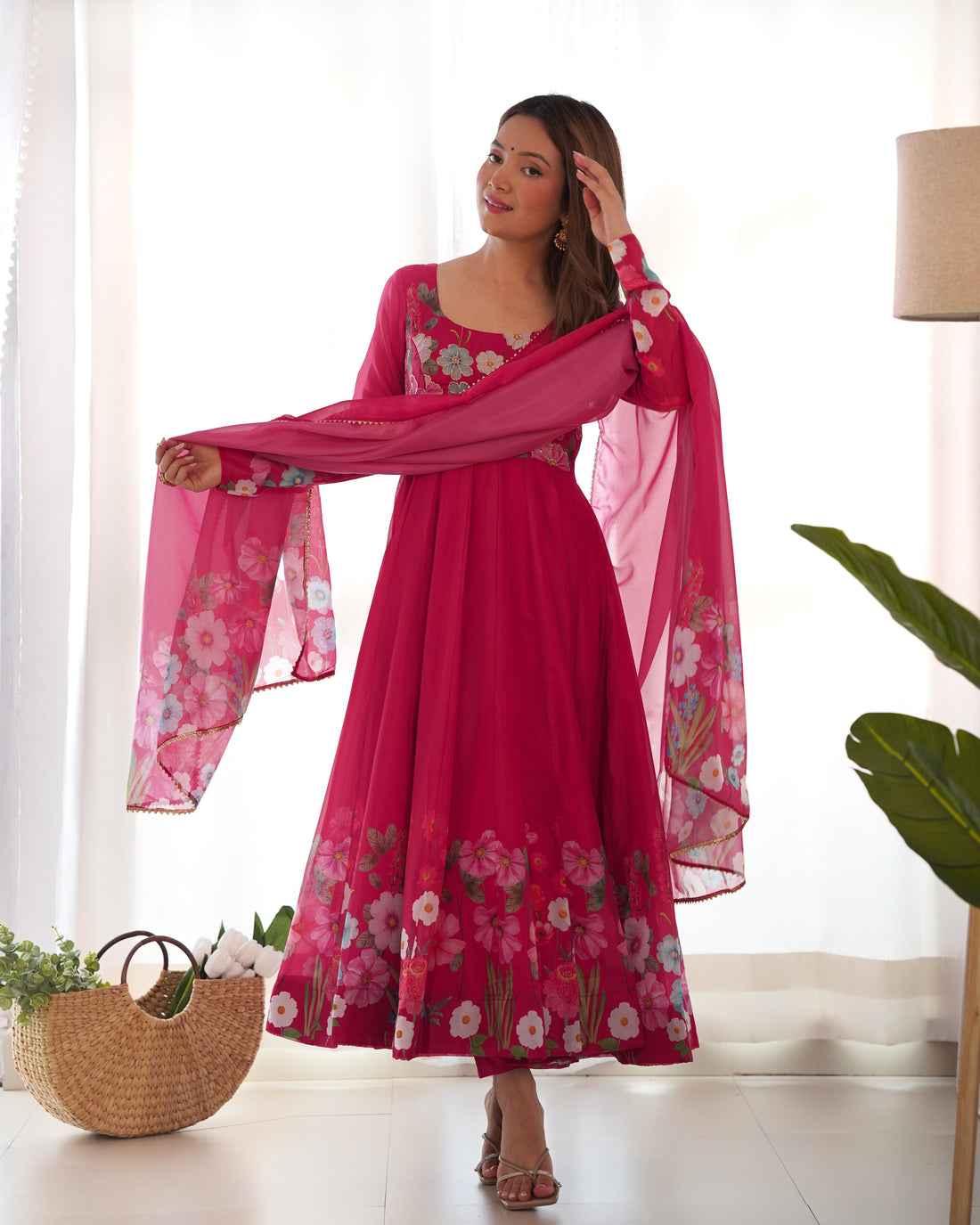 BEET RED FLOWER PRINT ORGANZA SILK ANARKALI SUIT SET