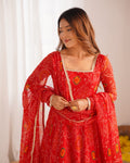 FLORAL RED COLOR BANDHANI PRINT SOFT CHIFFON THREE PIECE ANARKALI GOWN