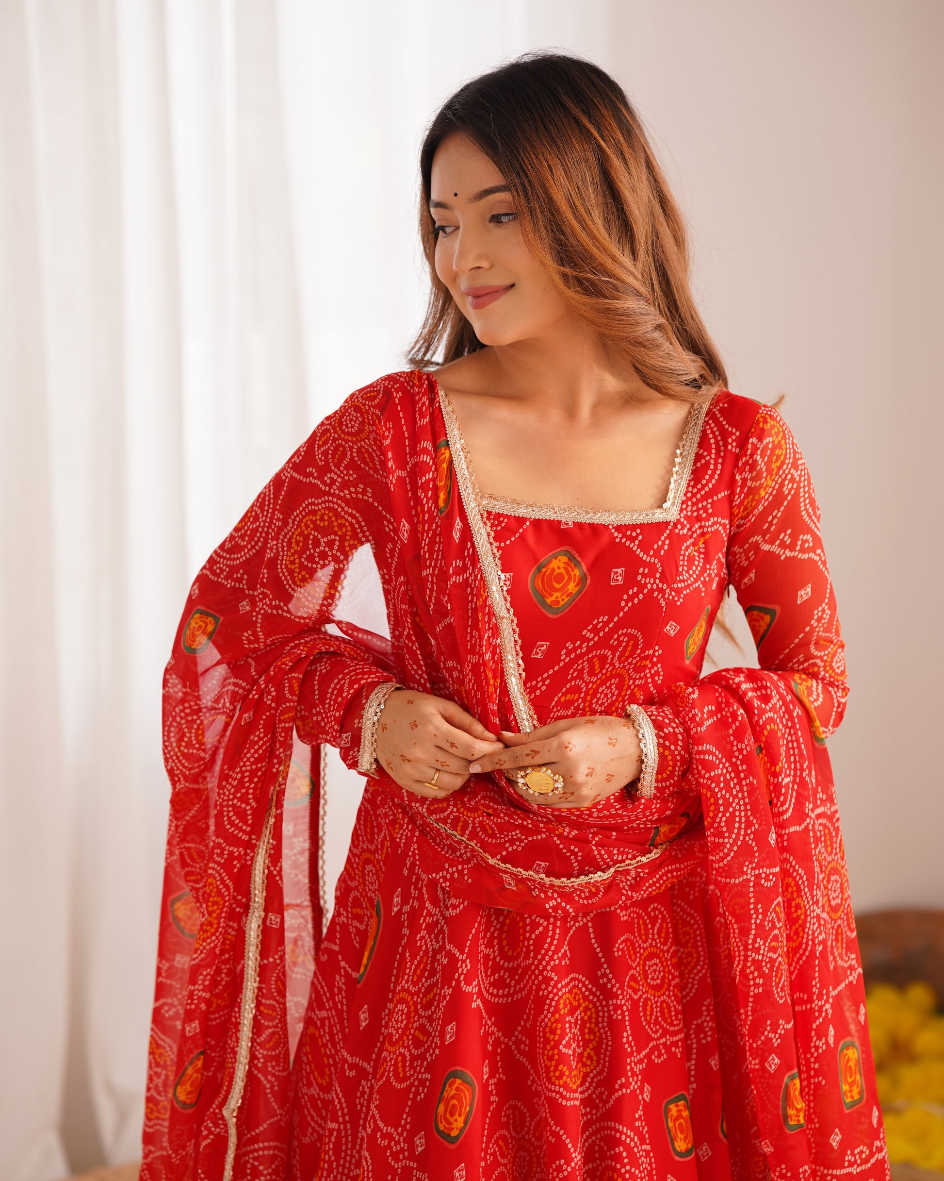 FLORAL RED COLOR BANDHANI PRINT SOFT CHIFFON THREE PIECE ANARKALI GOWN