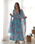 SKY BLUE FLORAL 3-LAYER GEORGETTE GOWN WITH DUPATTA