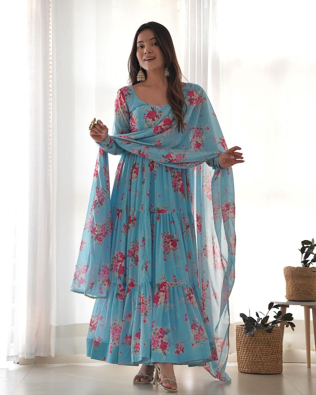 SKY BLUE FLORAL 3-LAYER GEORGETTE GOWN WITH DUPATTA