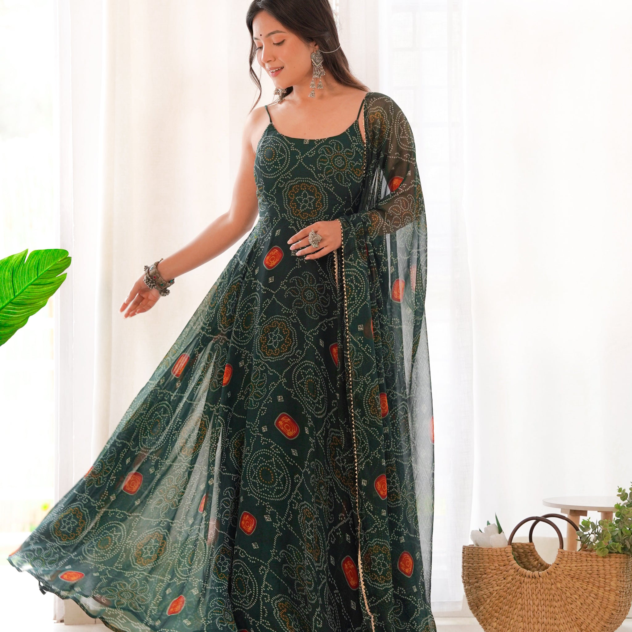 GREEN BANDHEJ PRINT CHIFFON GOWN WITH DUPATTA - LIGHTWEIGHT & FLOWY