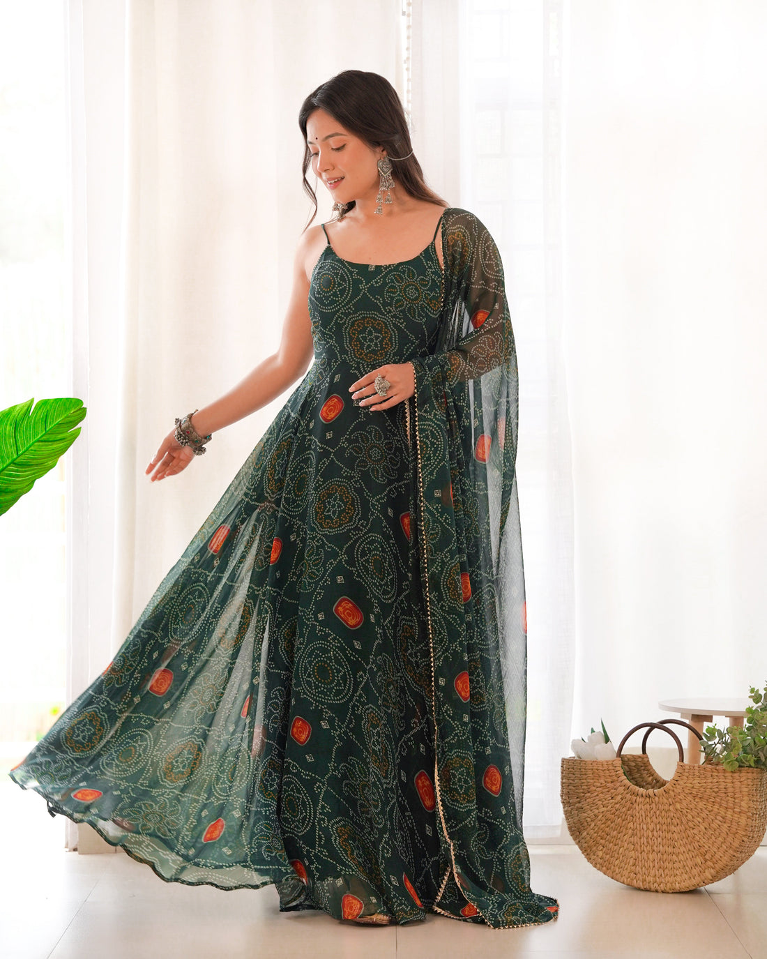 GREEN BANDHEJ PRINT CHIFFON GOWN WITH DUPATTA - LIGHTWEIGHT & FLOWY