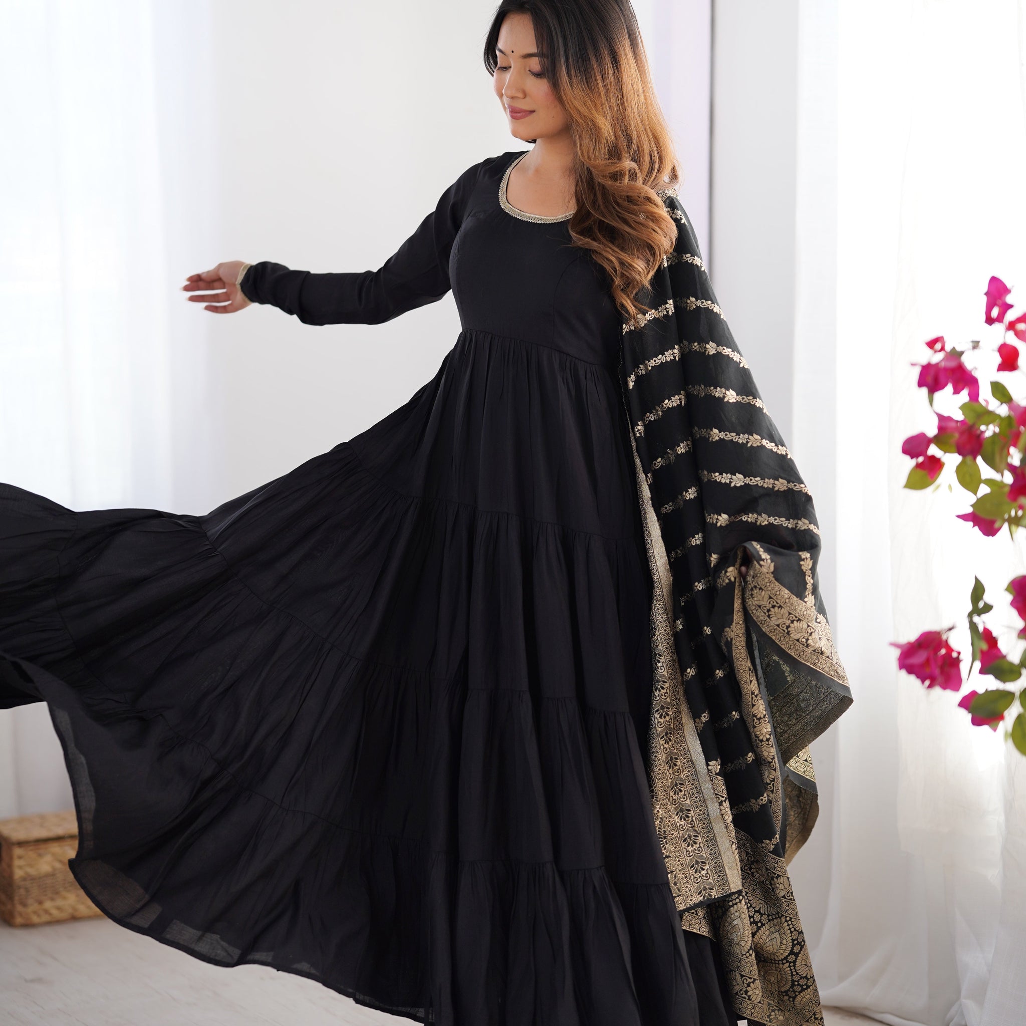 BLACK ROMAN SILK FOUR-LAYER ANARKALI GOWN SET