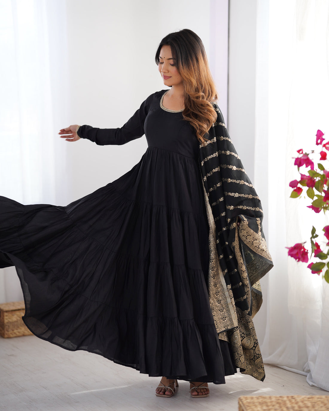 BLACK ROMAN SILK FOUR-LAYER ANARKALI GOWN SET