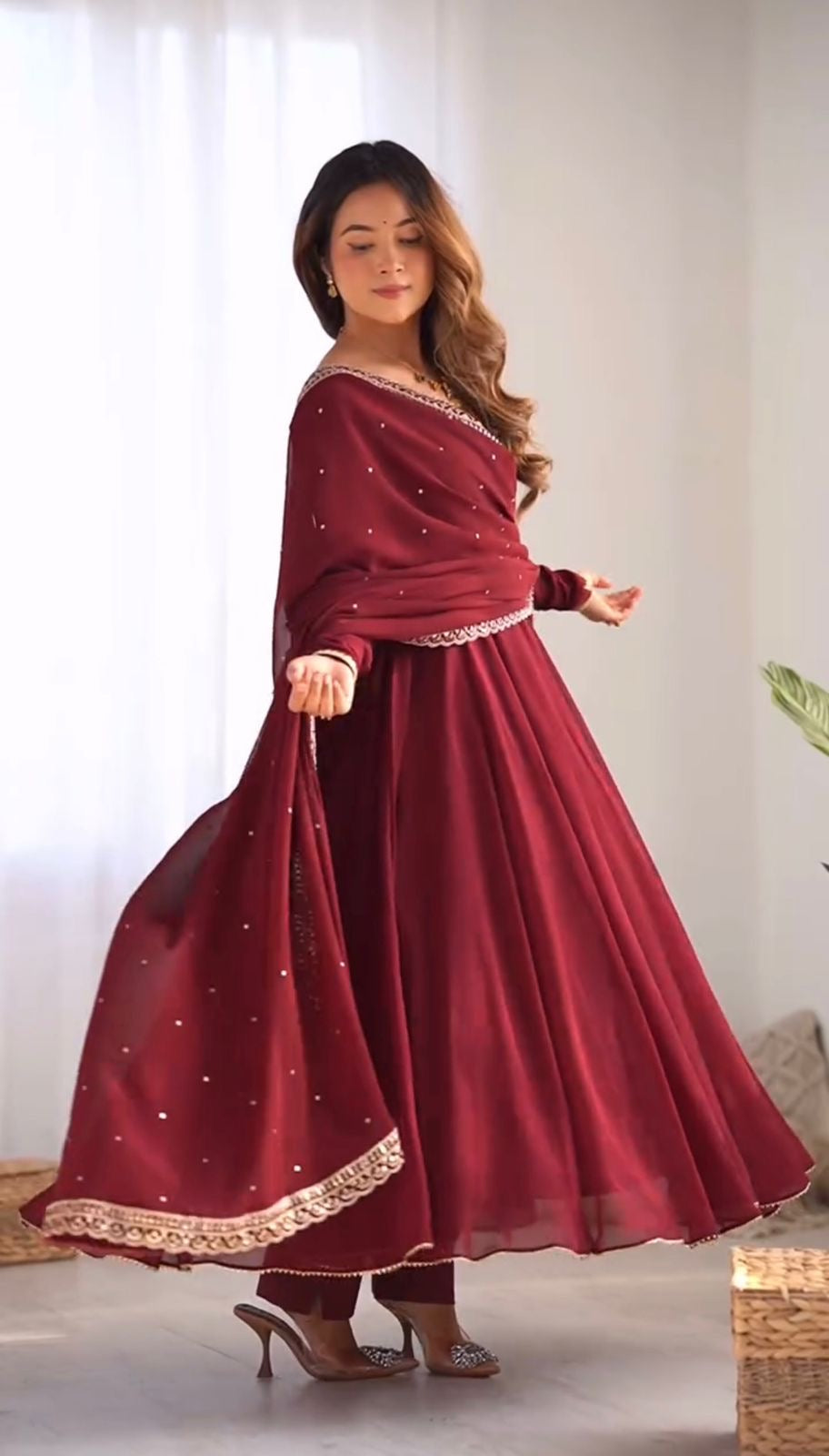 MAROON COLOR GEORGETTE BASE EMBROIDERY WORK ANARKALI SUIT SET OF 3