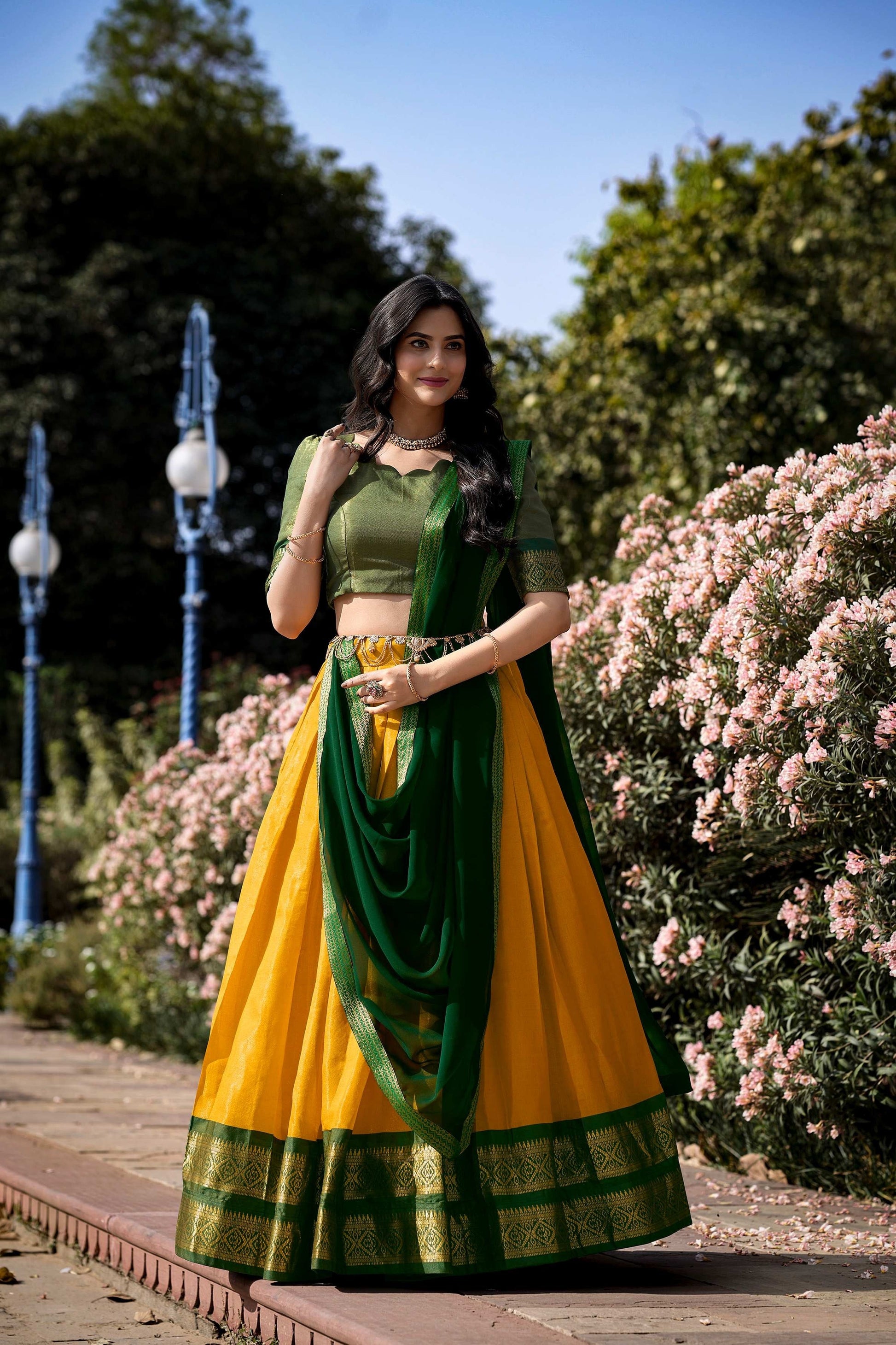 YELLOW COLOR ZARI WEAVING WORK KANCHIPURAM HALDI LEHENGA CHOLI