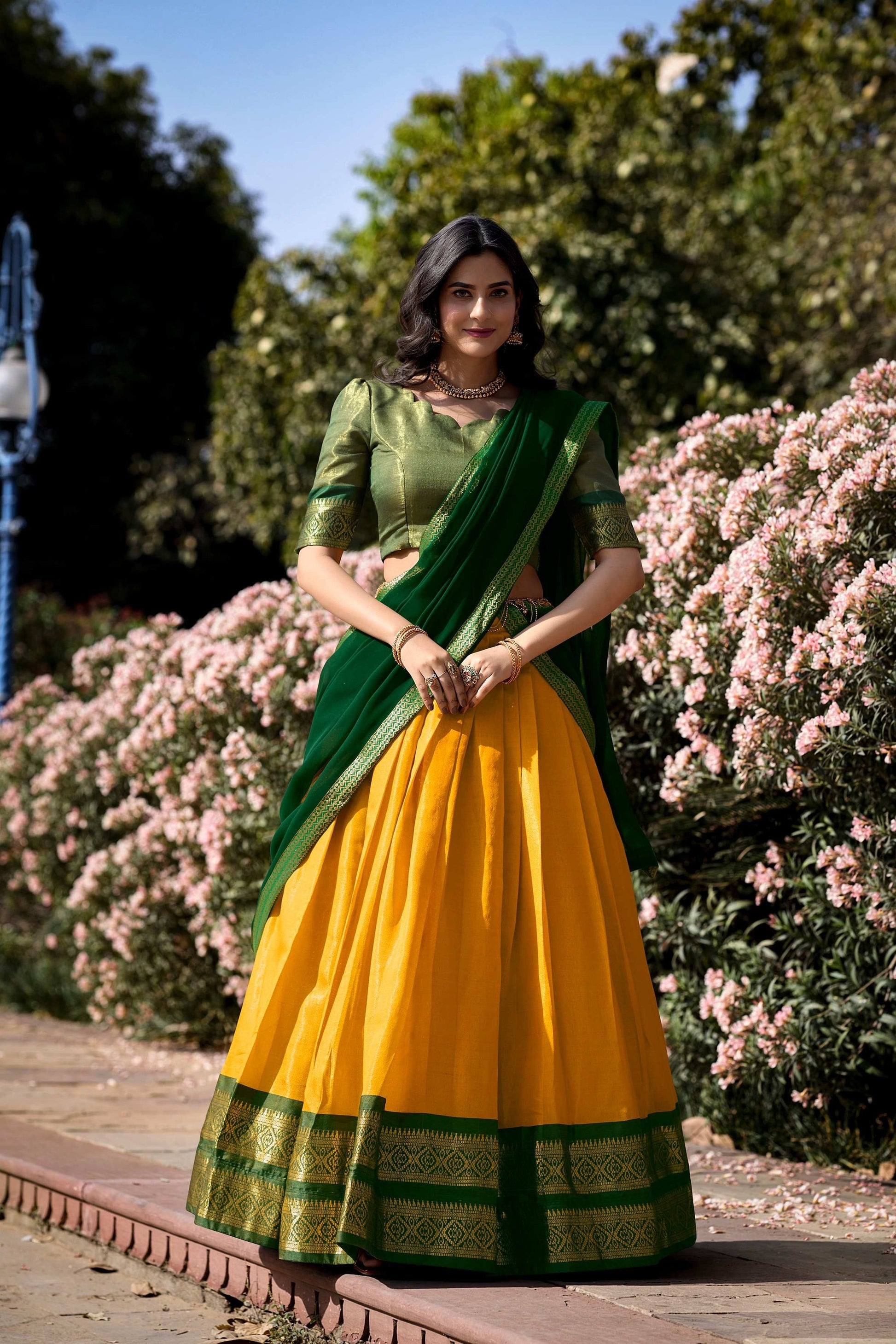 YELLOW COLOR ZARI WEAVING WORK KANCHIPURAM HALDI LEHENGA CHOLI