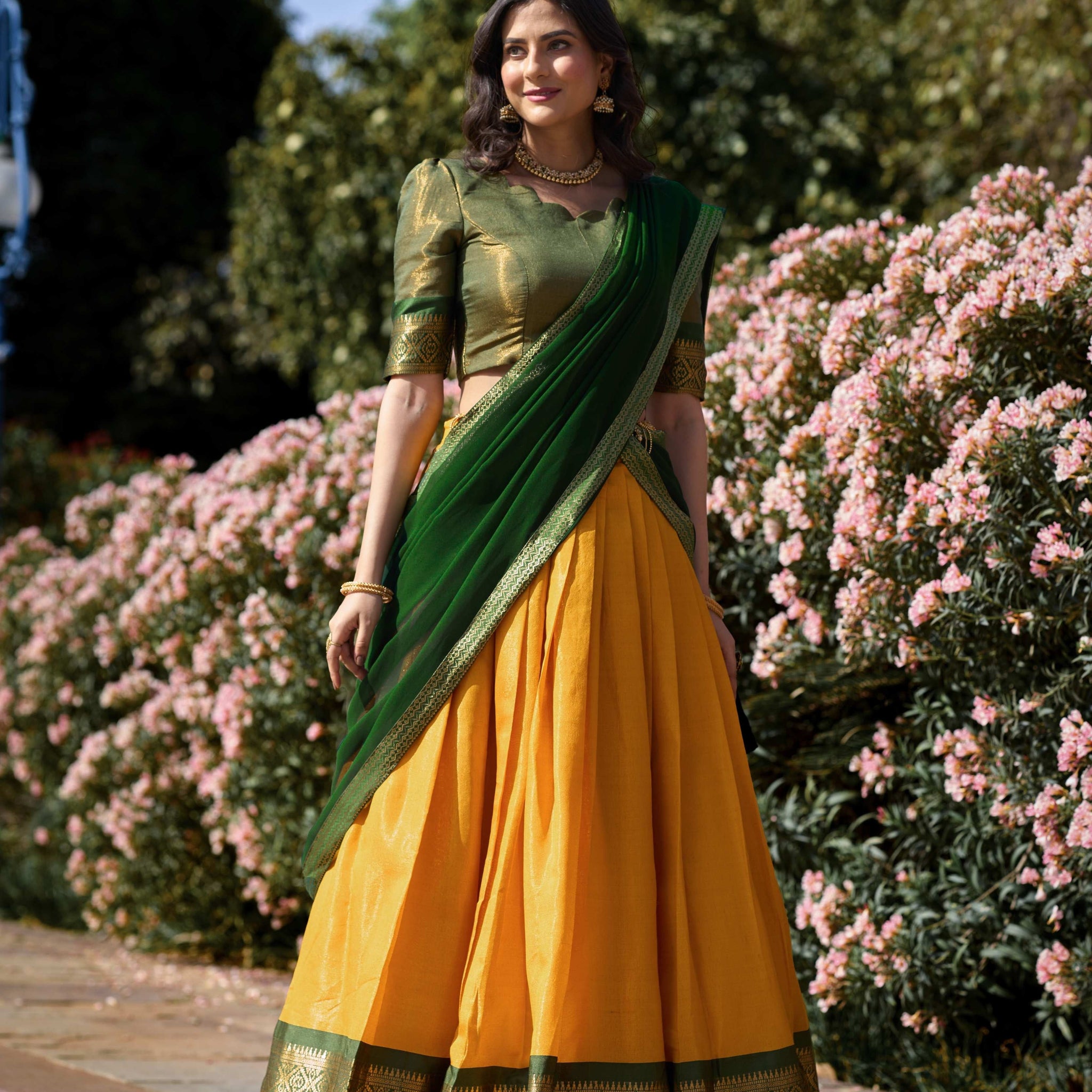 YELLOW COLOR ZARI WEAVING WORK KANCHIPURAM HALDI LEHENGA CHOLI