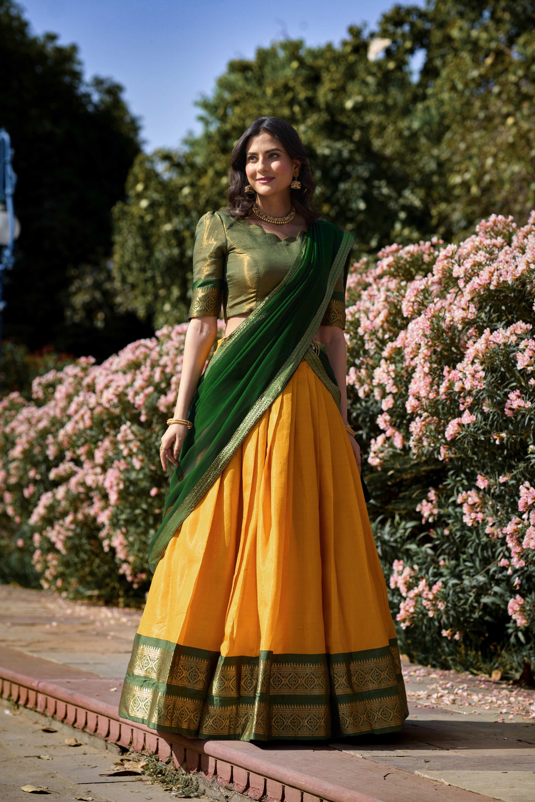 YELLOW COLOR ZARI WEAVING WORK KANCHIPURAM HALDI LEHENGA CHOLI