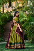OLIVE GREEN SOUTH STYLE POLY COTTON HALF SAREE LEHENGA WITH GEORGETTE DUPATTA