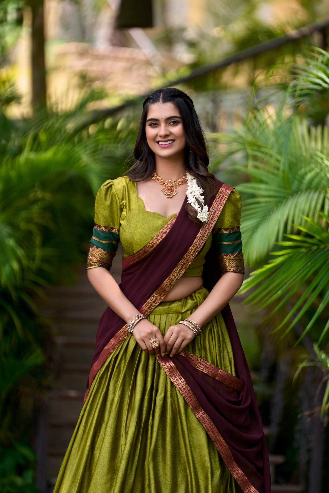 OLIVE GREEN SOUTH STYLE POLY COTTON HALF SAREE LEHENGA WITH GEORGETTE DUPATTA