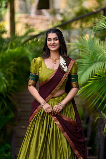 OLIVE GREEN SOUTH STYLE POLY COTTON HALF SAREE LEHENGA WITH GEORGETTE DUPATTA