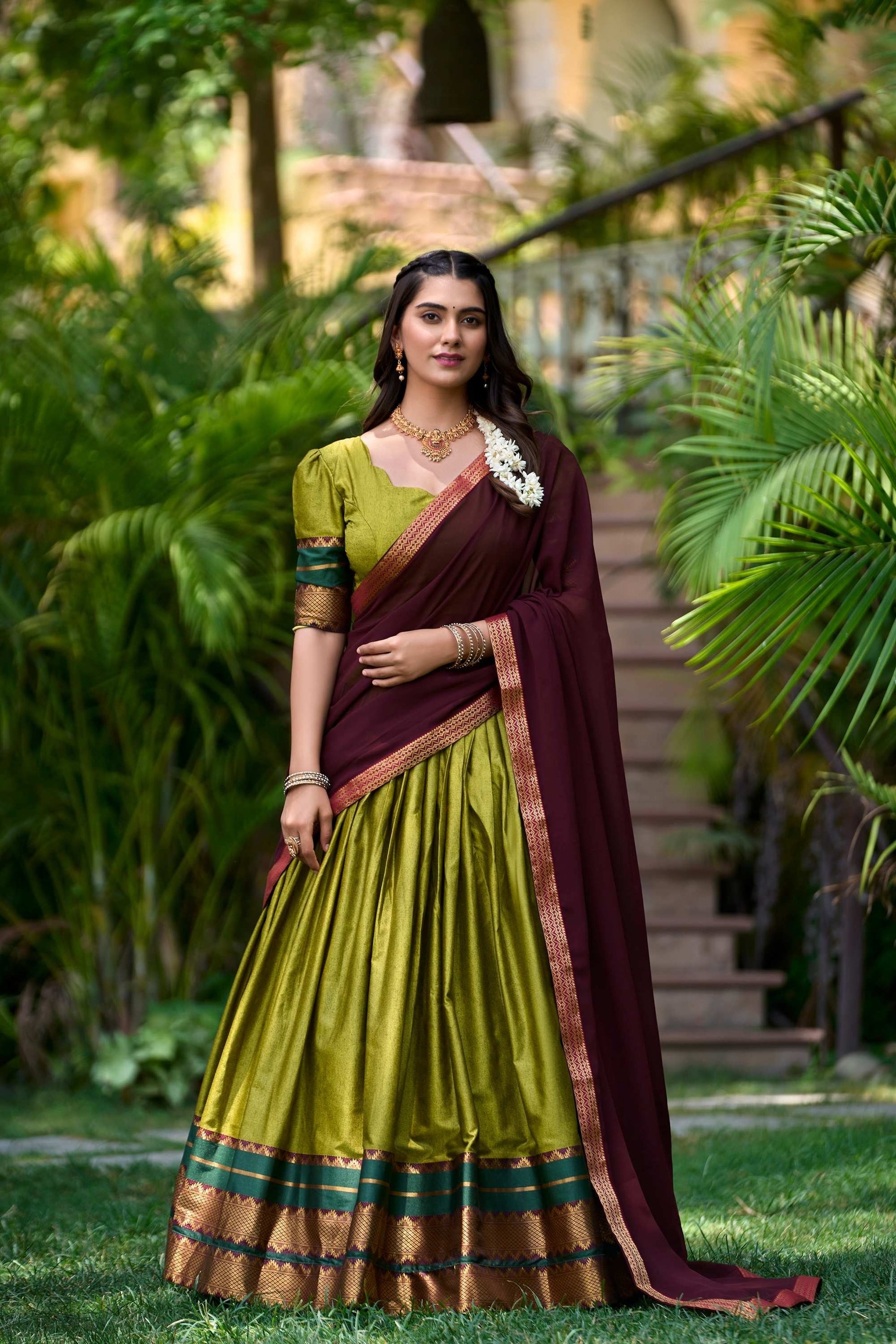 OLIVE GREEN SOUTH STYLE POLY COTTON HALF SAREE LEHENGA WITH GEORGETTE DUPATTA
