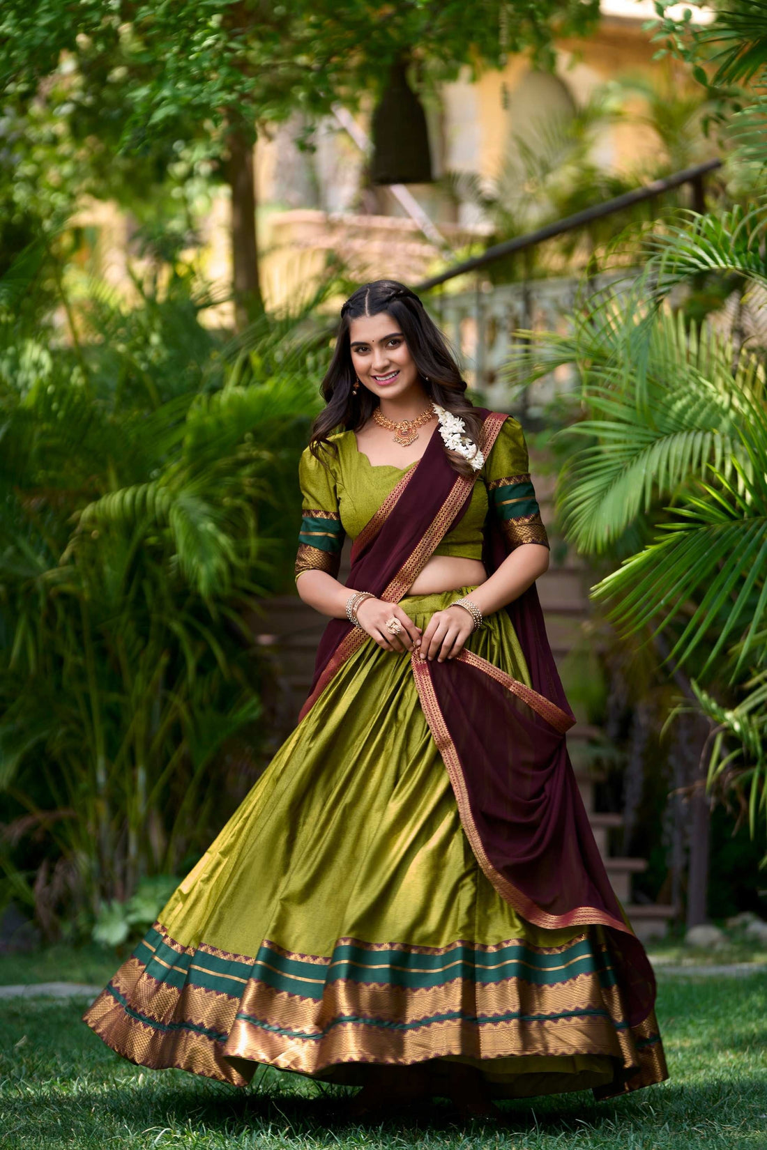 OLIVE GREEN SOUTH STYLE POLY COTTON HALF SAREE LEHENGA WITH GEORGETTE DUPATTA
