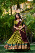 OLIVE GREEN SOUTH STYLE POLY COTTON HALF SAREE LEHENGA WITH GEORGETTE DUPATTA