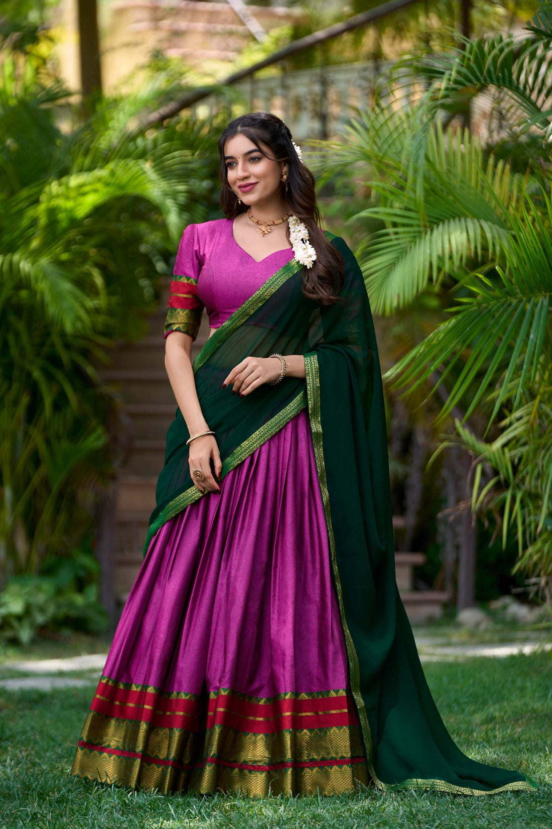 PINK COLOR SOUTH STYLE POLY COTTON HALF SAREE WITH ZARI WEAVING LEHENGA AND ELEGANT DUPATTA