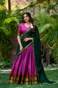 PINK COLOR SOUTH STYLE POLY COTTON HALF SAREE WITH ZARI WEAVING LEHENGA AND ELEGANT DUPATTA