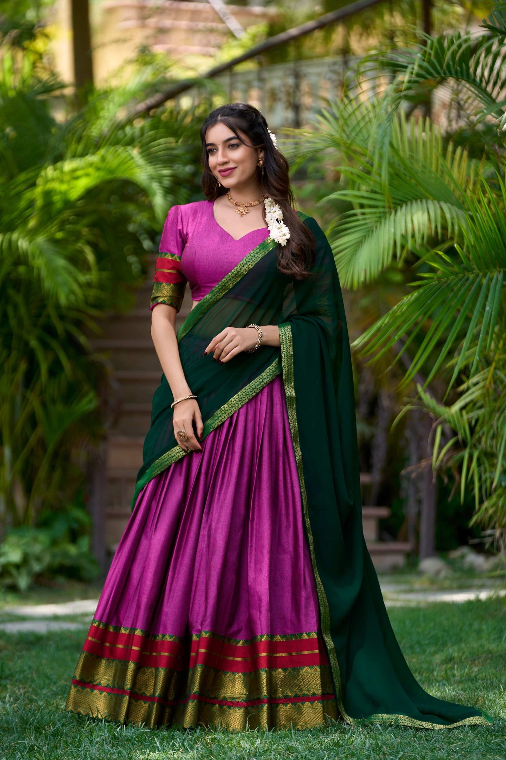 PINK COLOR SOUTH STYLE POLY COTTON HALF SAREE WITH ZARI WEAVING LEHENGA AND ELEGANT DUPATTA
