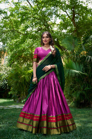 PINK COLOR SOUTH STYLE POLY COTTON HALF SAREE WITH ZARI WEAVING LEHENGA AND ELEGANT DUPATTA
