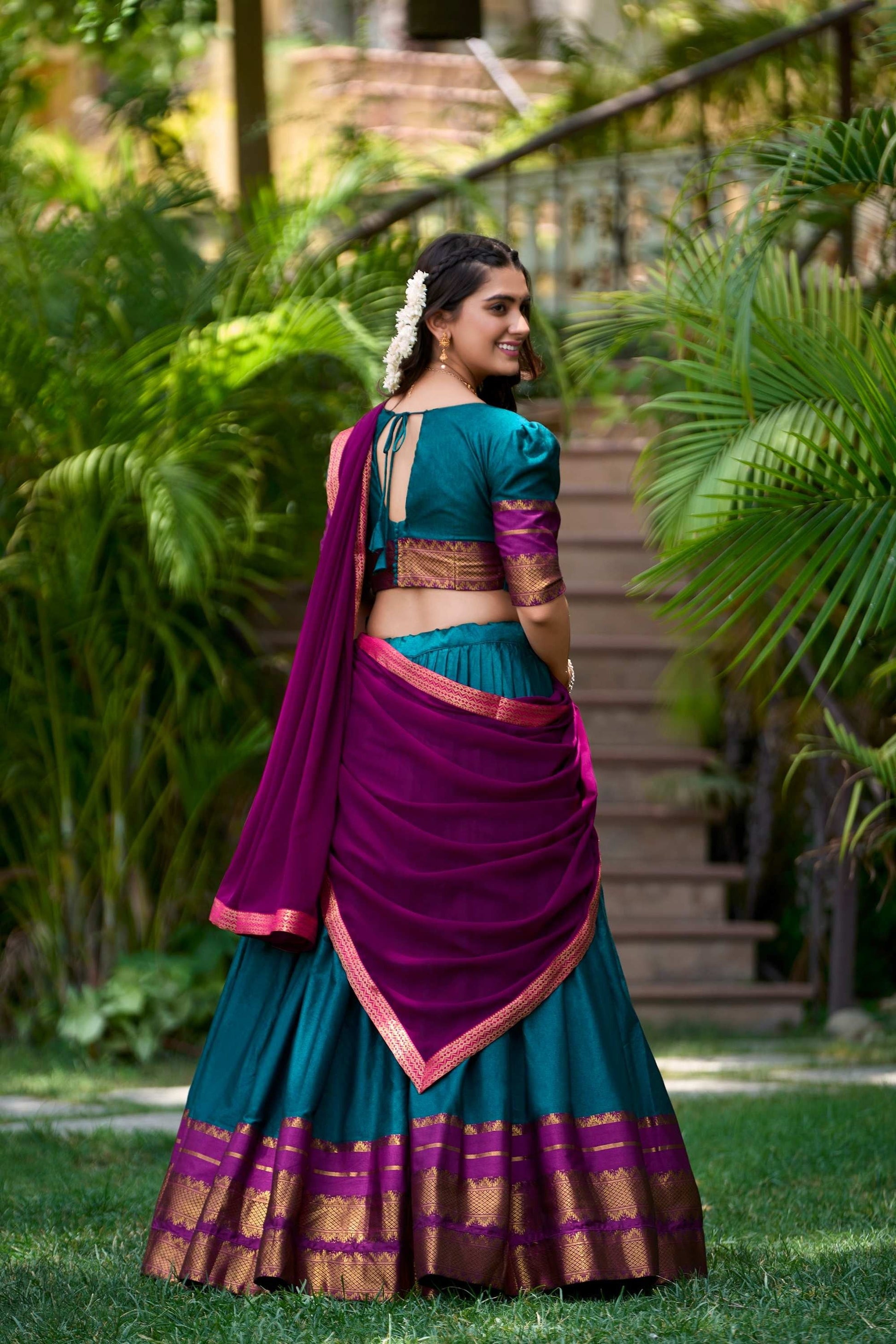 TEAL COLOR SOUTH STYLE POLY COTTON HALF SAREE SET