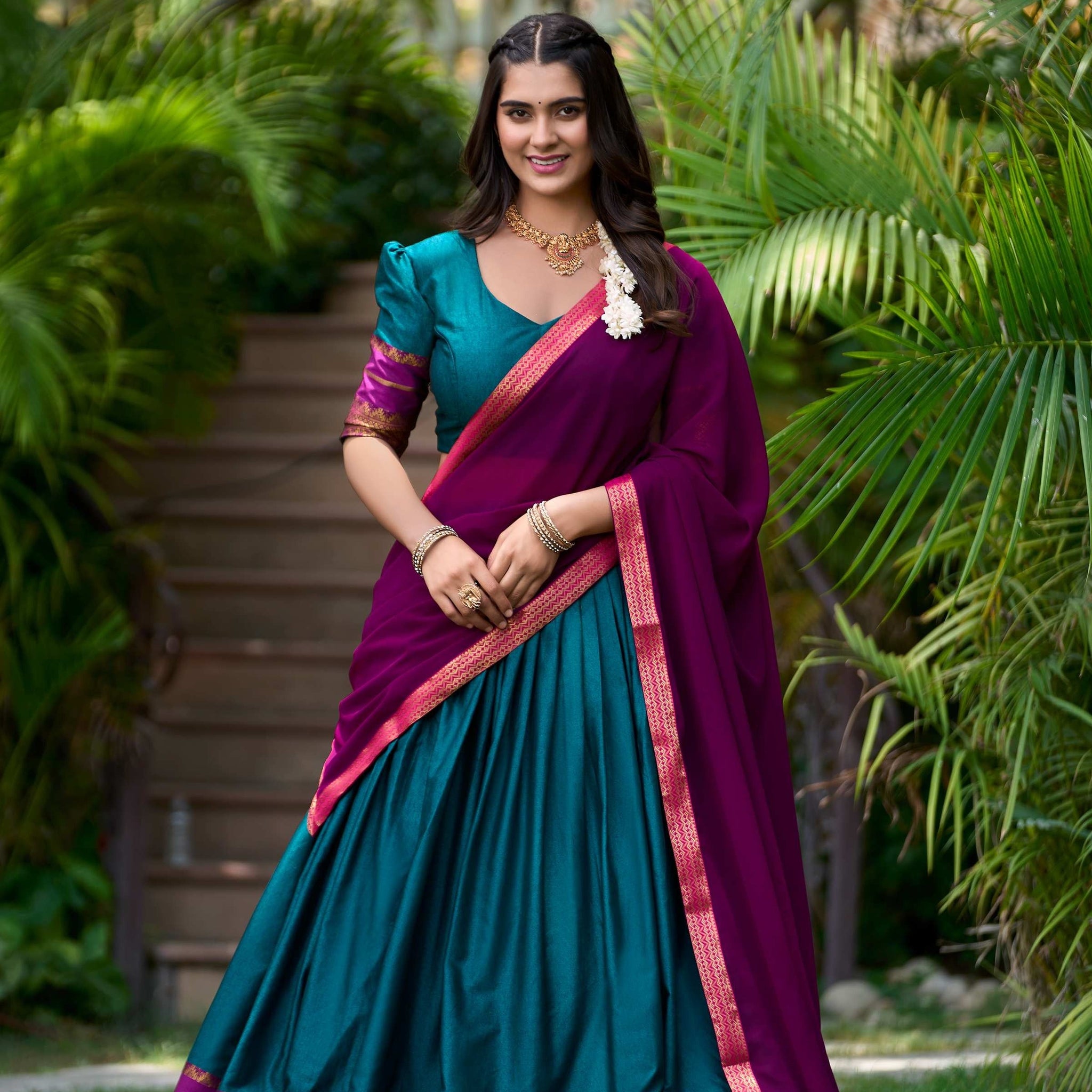 TEAL COLOR SOUTH STYLE POLY COTTON HALF SAREE SET