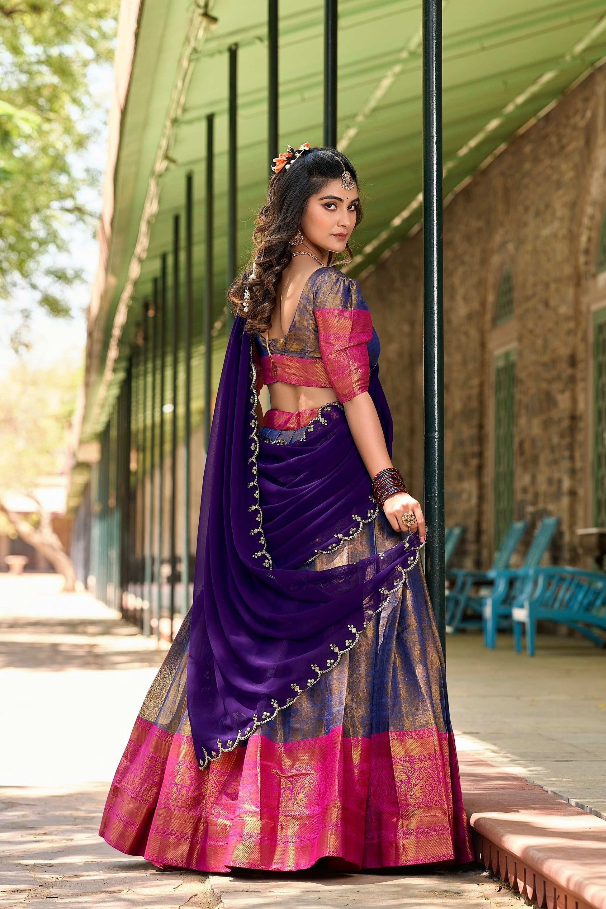 LUXURIOUS BLUE ZARI SOUTH INDIAN KANJIVARAM LEHENGA CHOLI