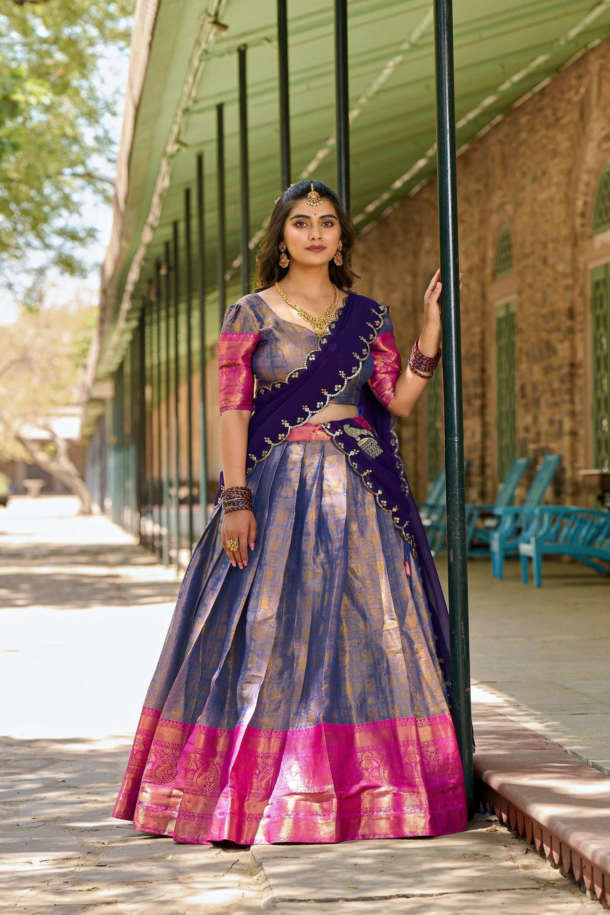 LUXURIOUS BLUE ZARI SOUTH INDIAN KANJIVARAM LEHENGA CHOLI