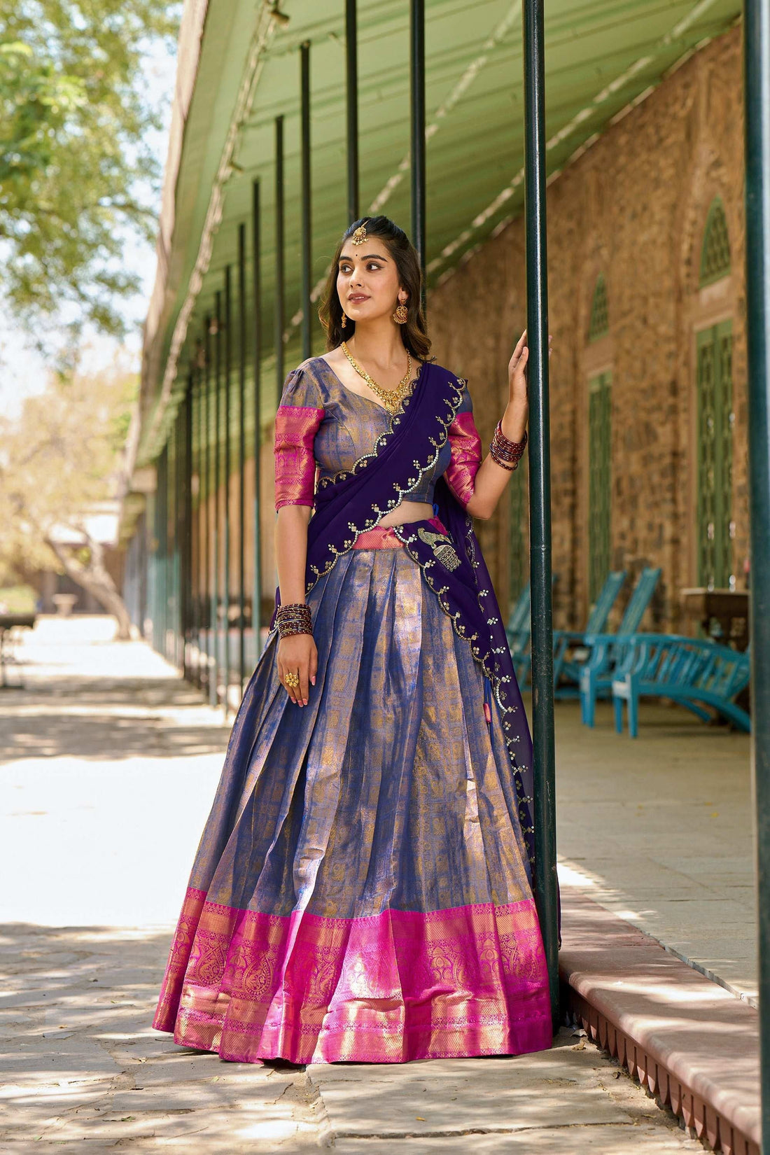 LUXURIOUS BLUE ZARI SOUTH INDIAN KANJIVARAM LEHENGA CHOLI