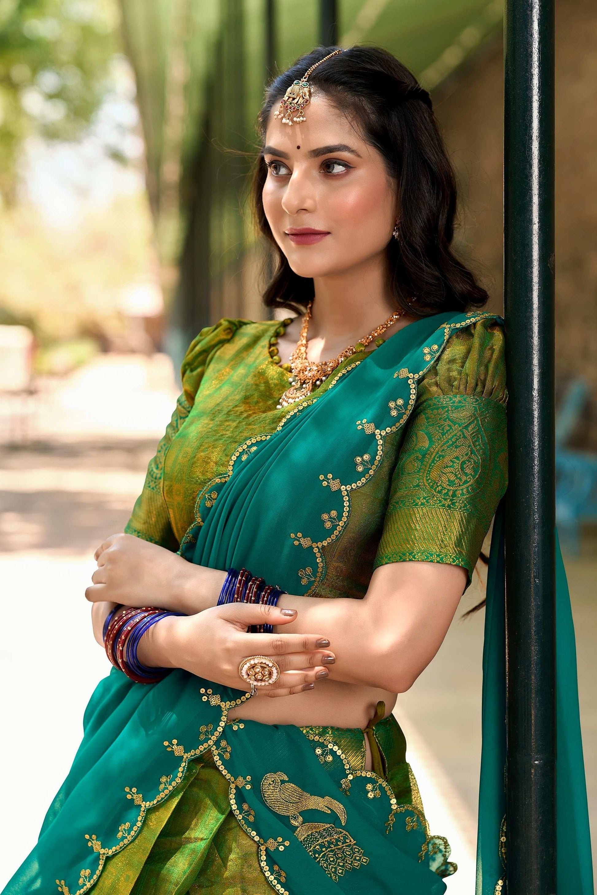 GREEN COLOR ZARI WEAVING WORK KANJIVARAM WEDDING LEHENGA CHOLI