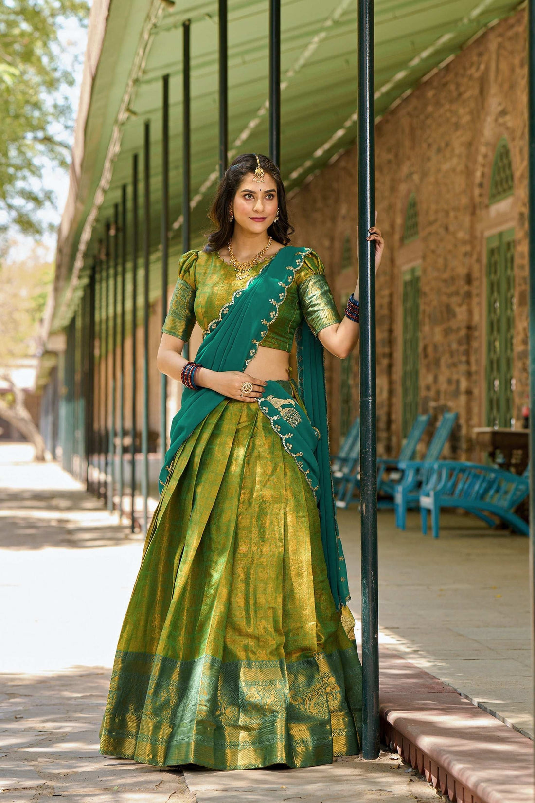GREEN COLOR ZARI WEAVING WORK KANJIVARAM WEDDING LEHENGA CHOLI