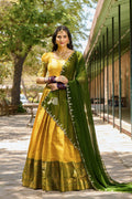 YELLOW COLOR ZARI WEAVING WORK KANJIVARAM LEHENGA CHOLI