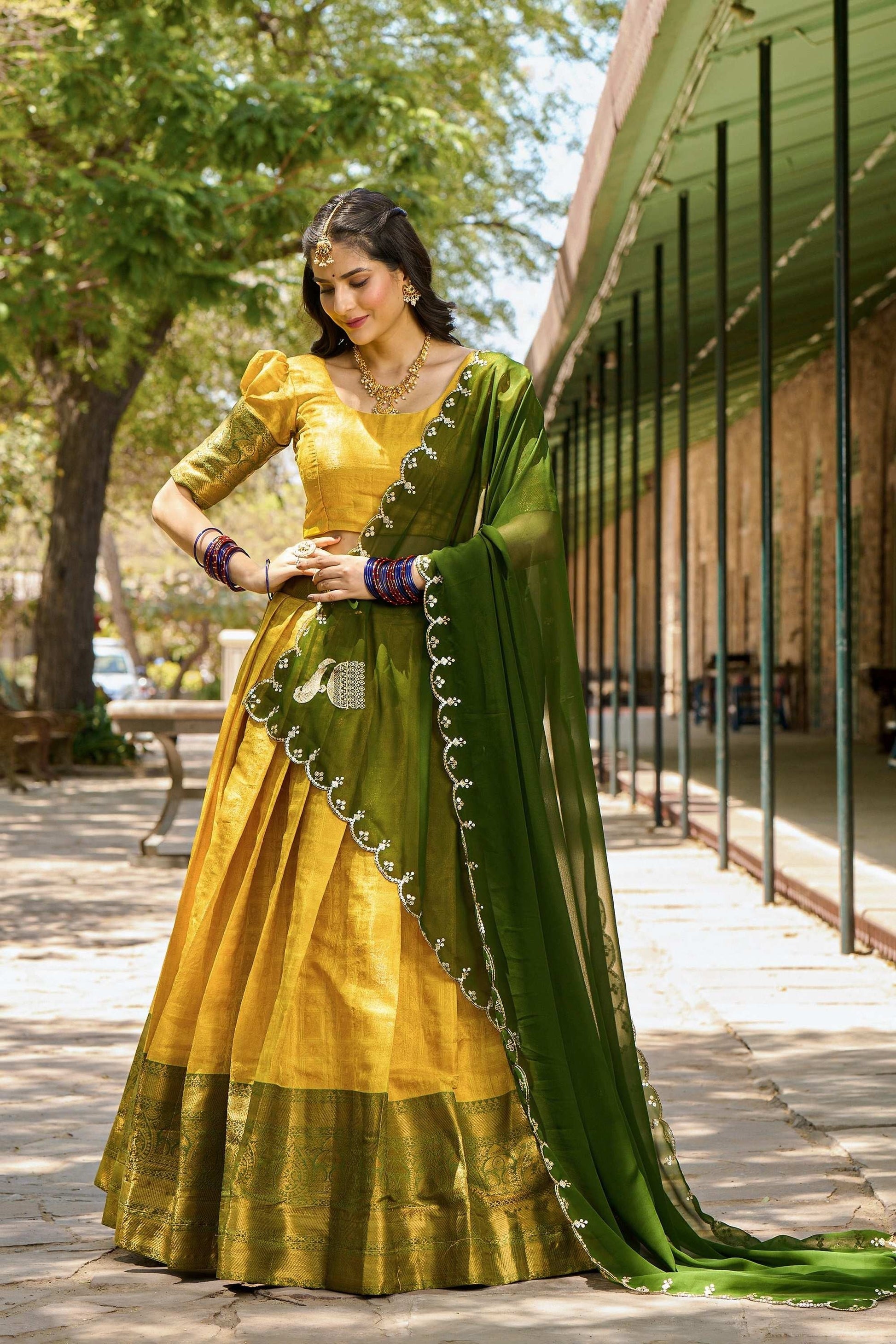 YELLOW COLOR ZARI WEAVING WORK KANJIVARAM LEHENGA CHOLI