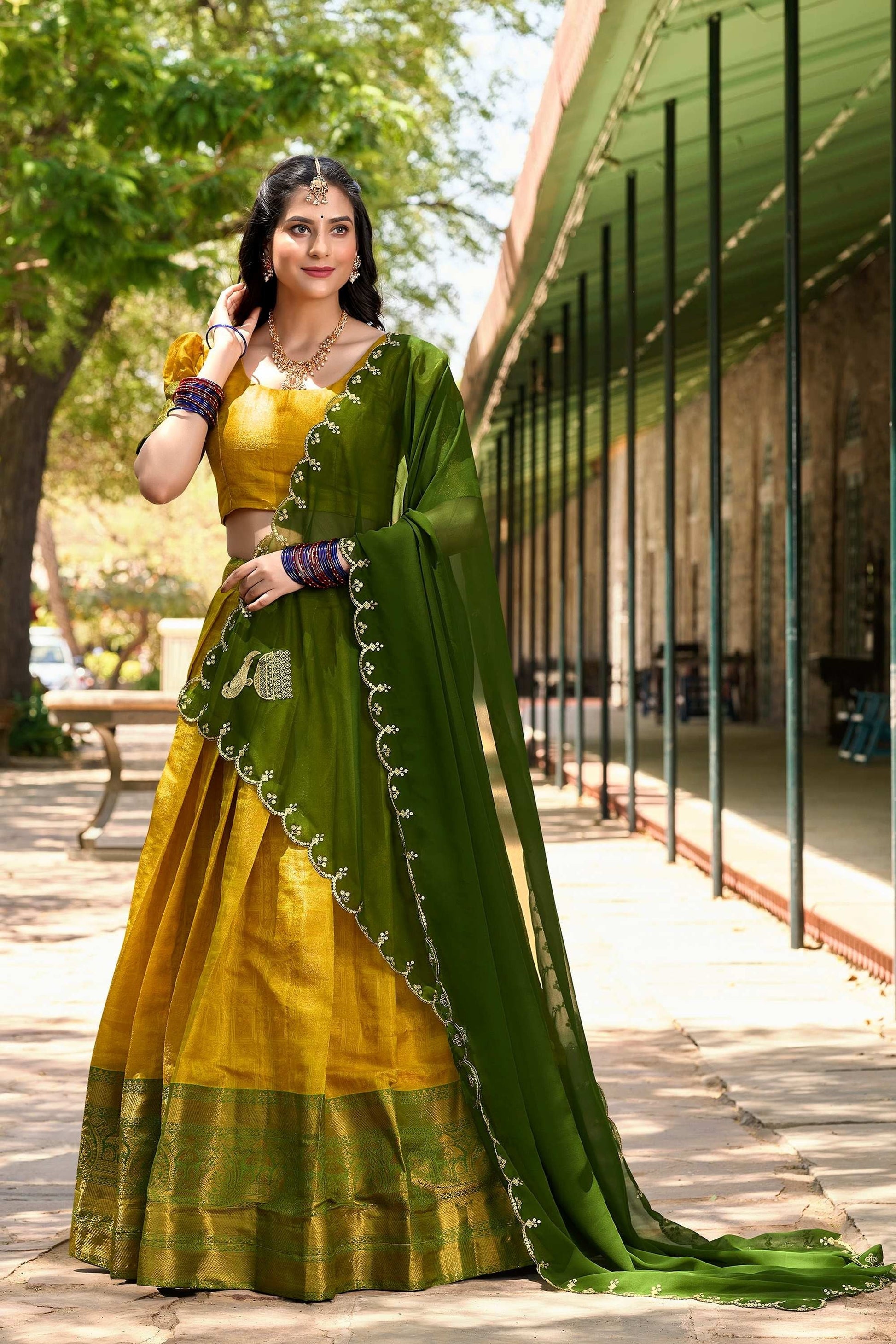YELLOW COLOR ZARI WEAVING WORK KANJIVARAM LEHENGA CHOLI