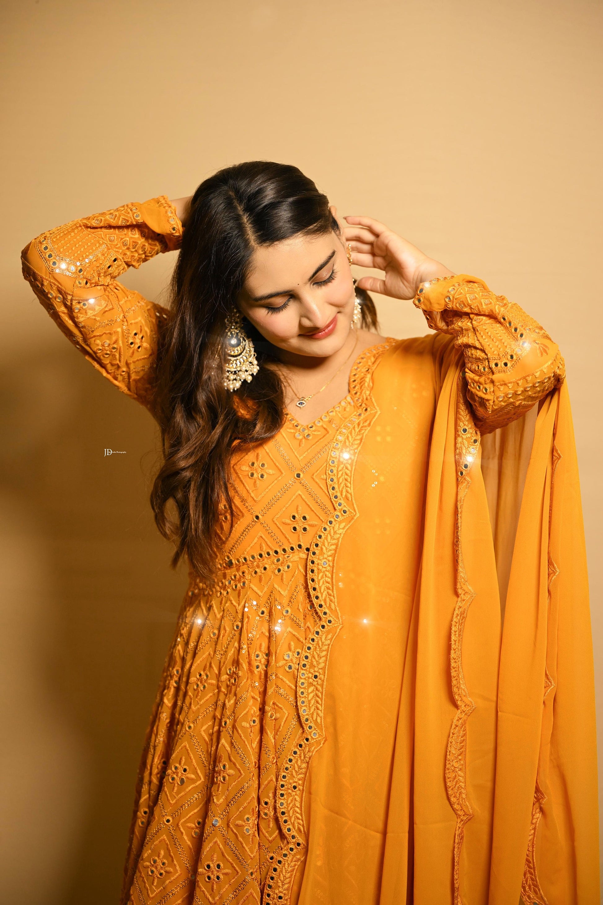 LUXURIOUS YELLOW GEORGETTE ANARKALI SUIT SET WITH LAKHNAWI WORK
