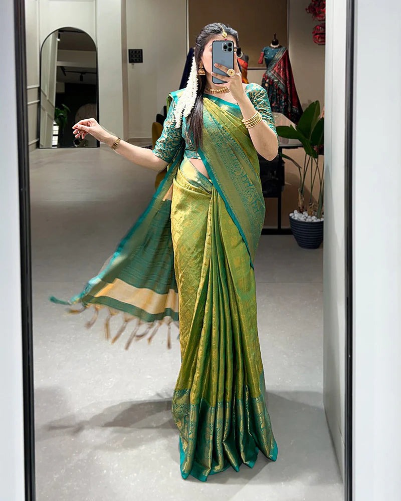 DESIGNER PARROT COLOR KANJIVARAM SAREE WITH ZARI WORK