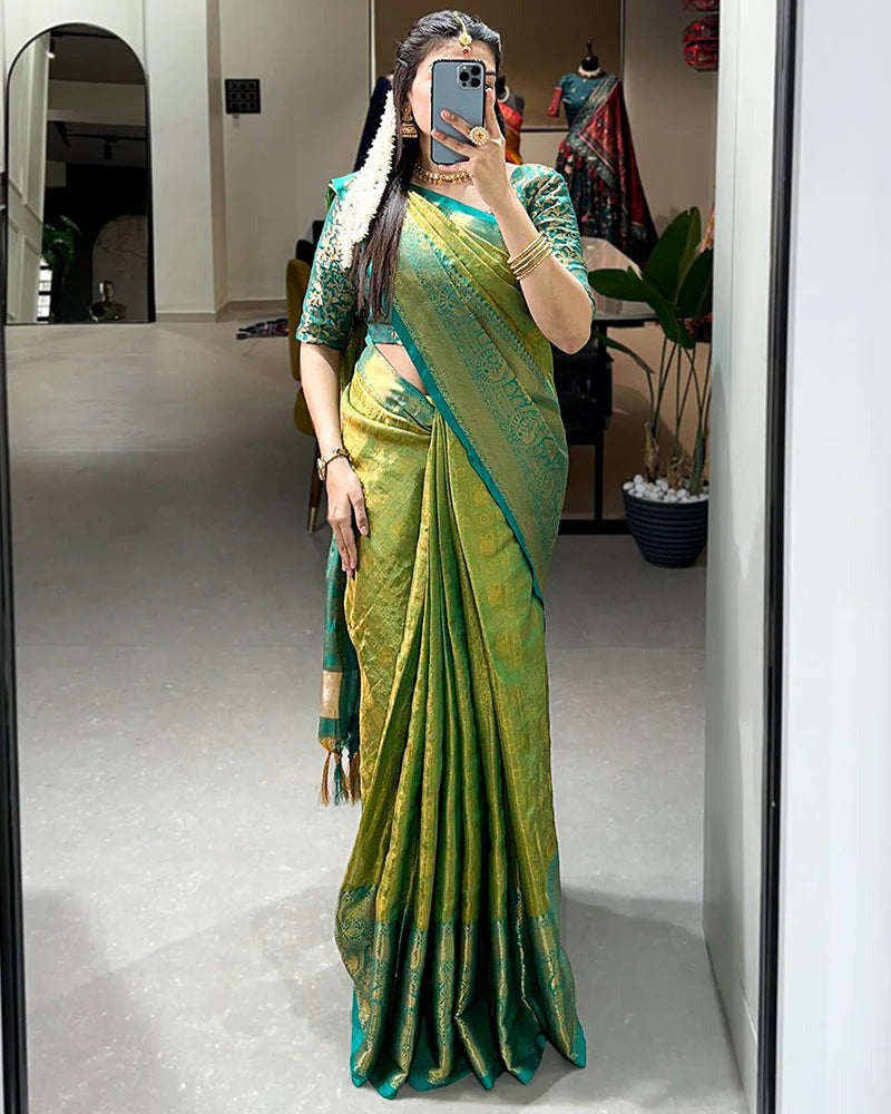 DESIGNER PARROT COLOR KANJIVARAM SAREE WITH ZARI WORK