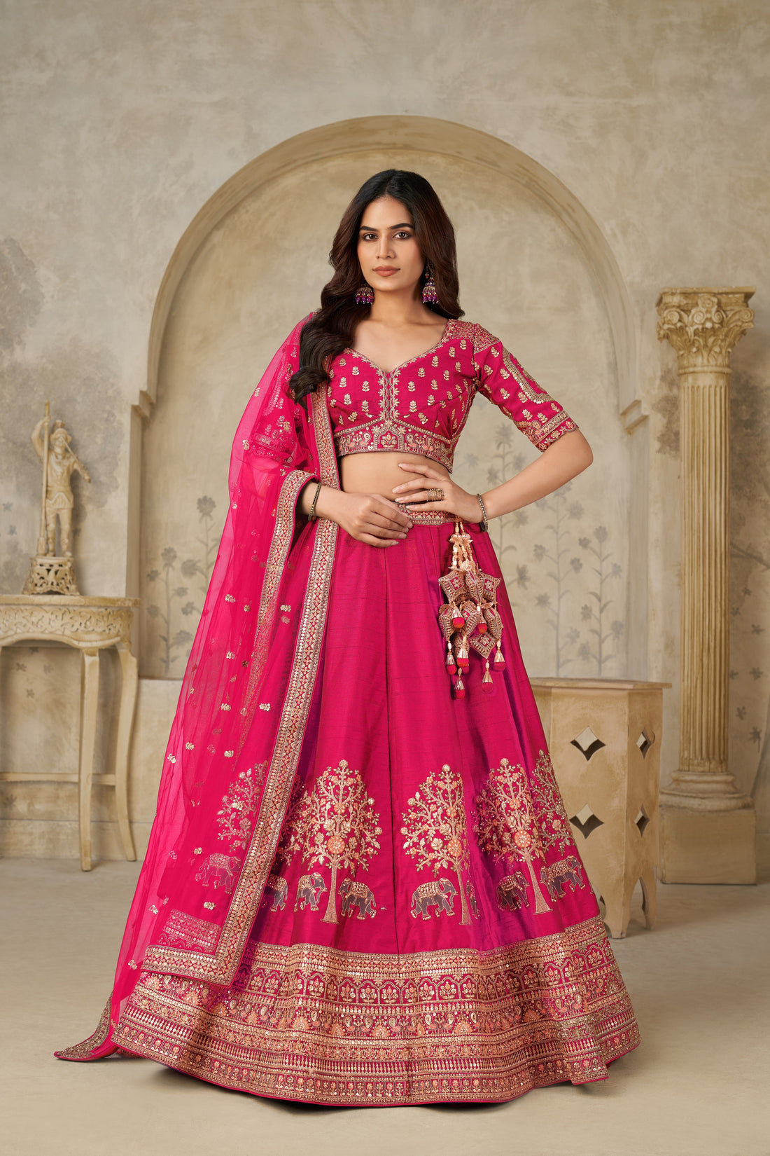 HOT PINK BRIDAL ENSEMBLE WITH INTRICATE ELEPHANT MOTIFS – ROYAL HERITAGE LOOK